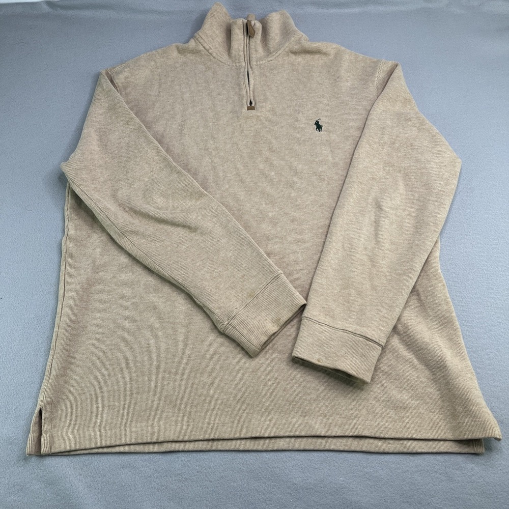 Polo Ralph Lauren Men's Large 100% Cotton Ribbed Quarter Zip Sweater Tan